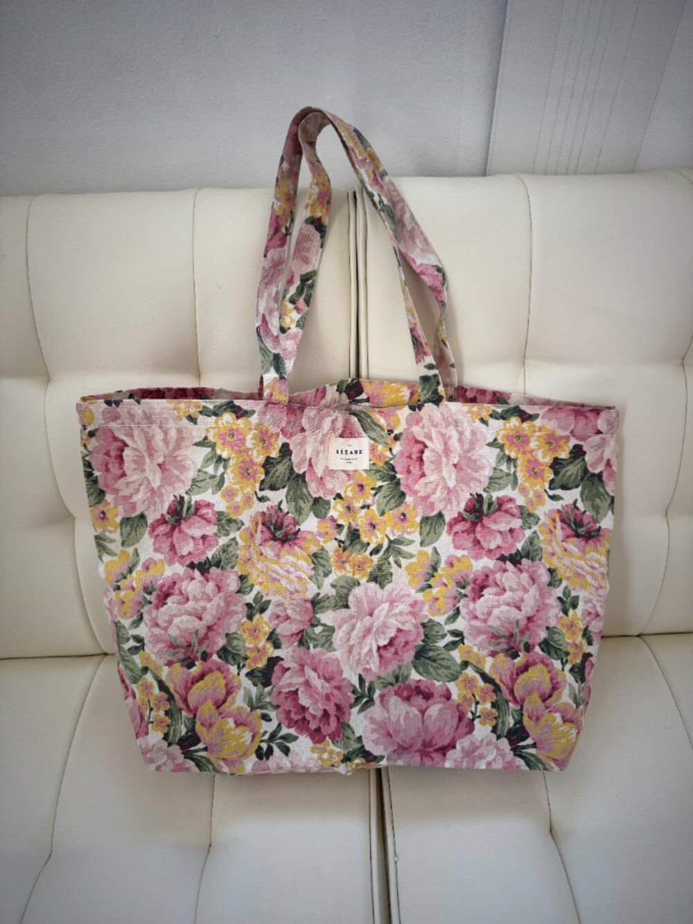 Sézane limited edition floral rose cotton canvas tote - pink/yellow/green - NWOT